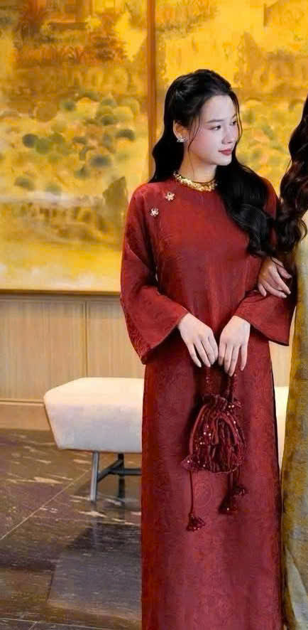 K152 Áo only no pants - Áo dài dáng suông 2 tà đính viền cổ lụa tằm ánh kim tencel màu đỏ đậm
