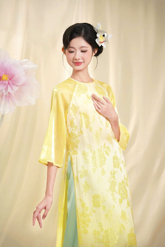 K167 5641 Áo only no pants - Áo dài dáng suông lụa gấm phối tay tơ óng