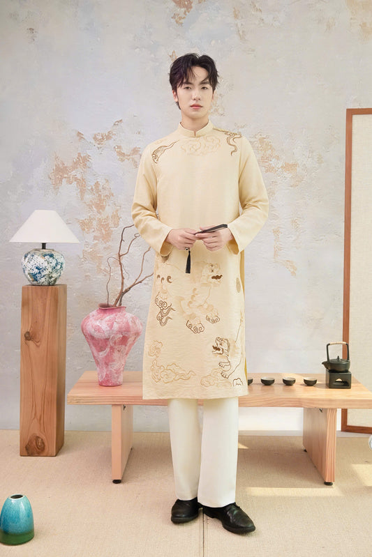 B222 5875 - Áo dài nam thêu màu kem