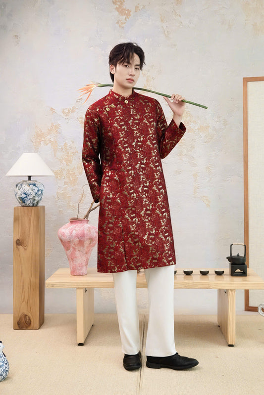 B207 5877 - Áo dài nam gấm đỏ vân nổi