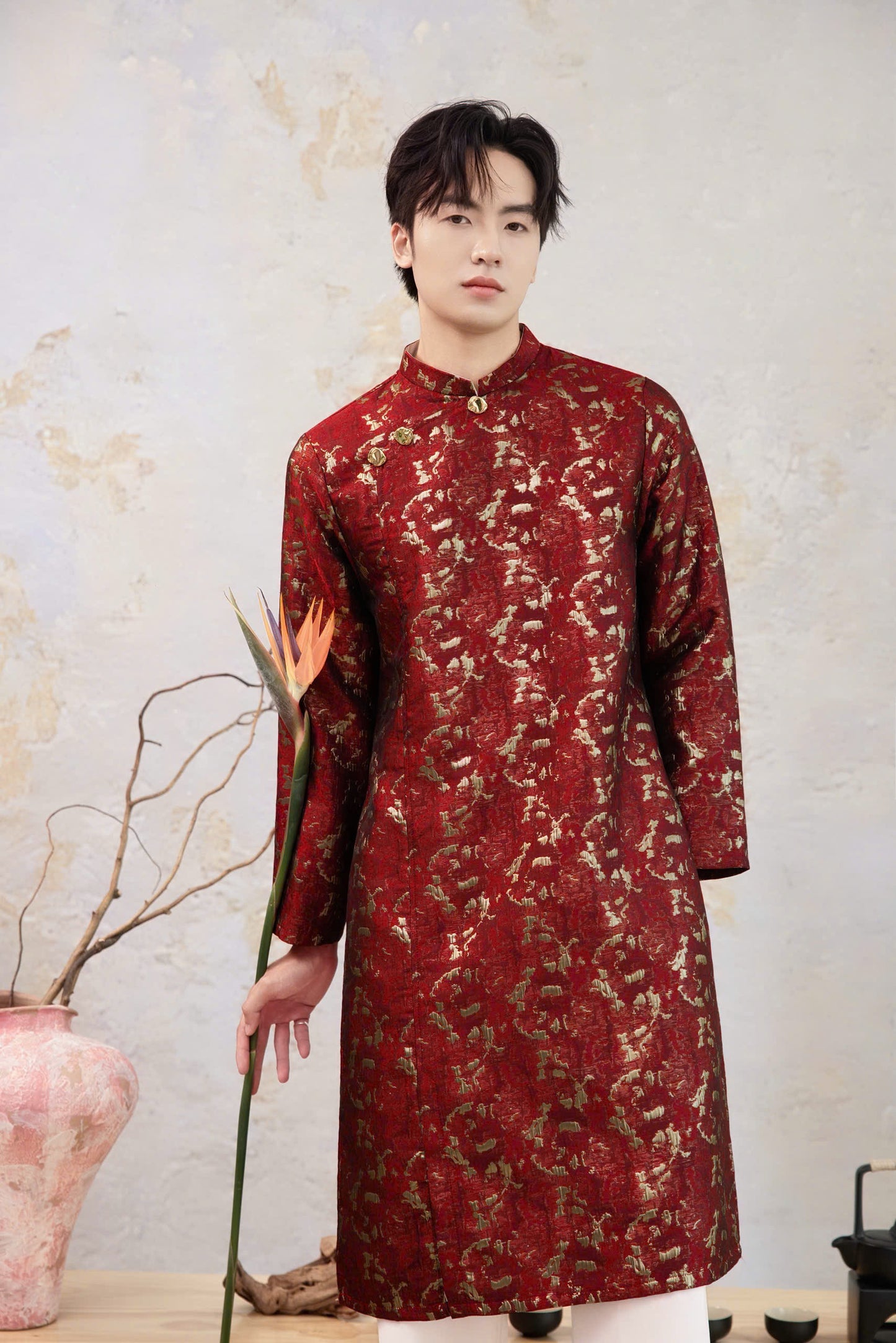 B207 - Áo dài nam gấm đỏ vân nổi