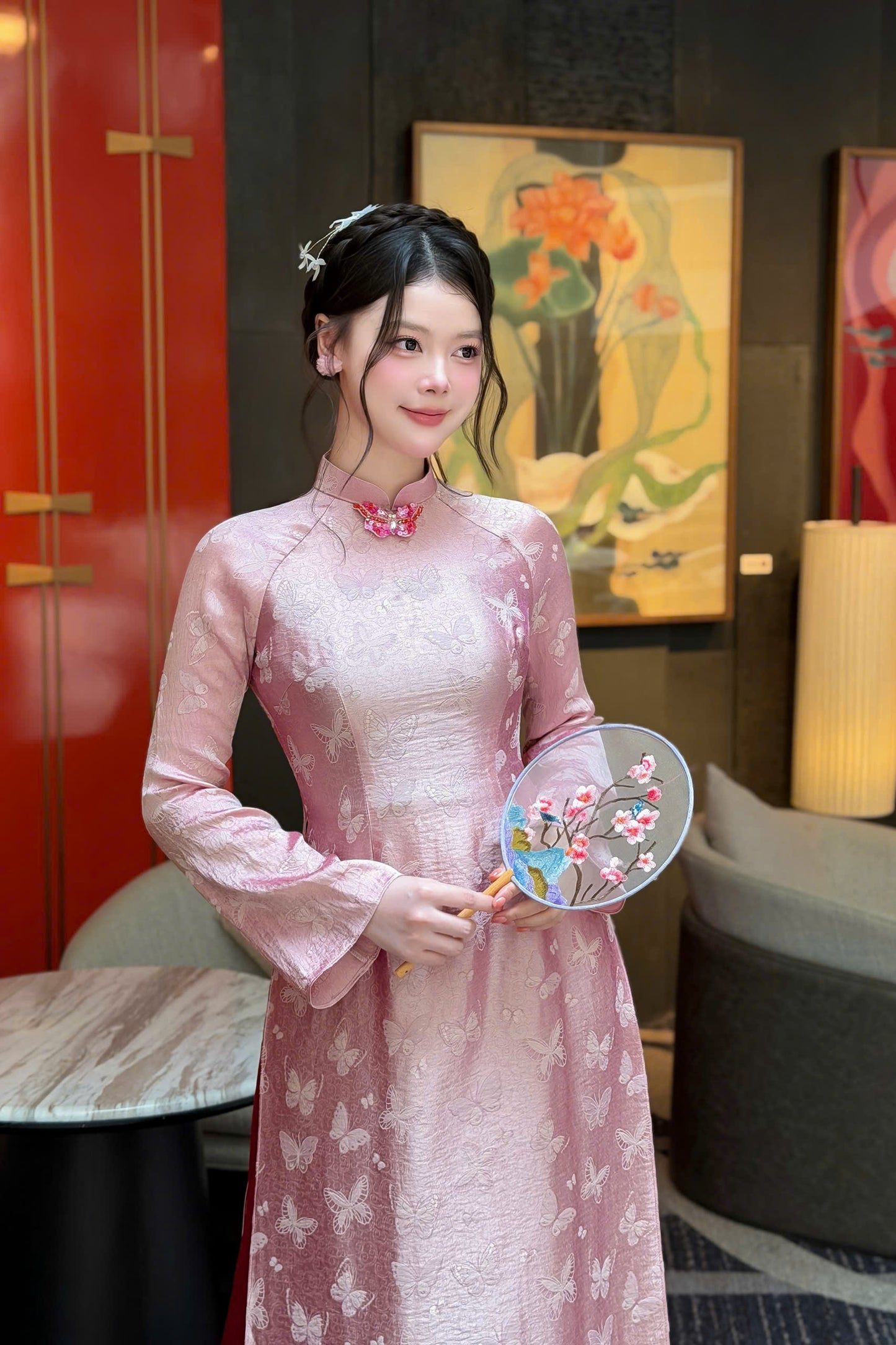 K271 Áo only no pants - Áo dài dáng truyền thống chiết eo lụa gấm hồ điệp màu hồng