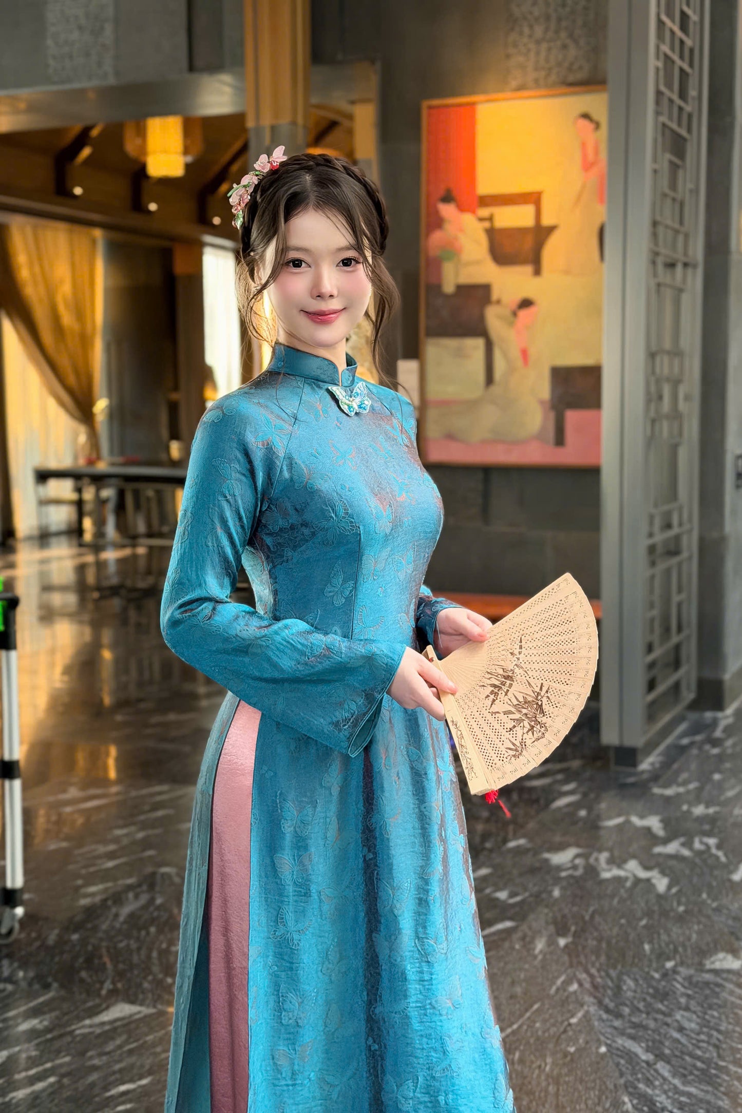 K272 Áo only no pants - Áo dài dáng truyền thống chiết eo lụa gấm hồ điệp màu xanh