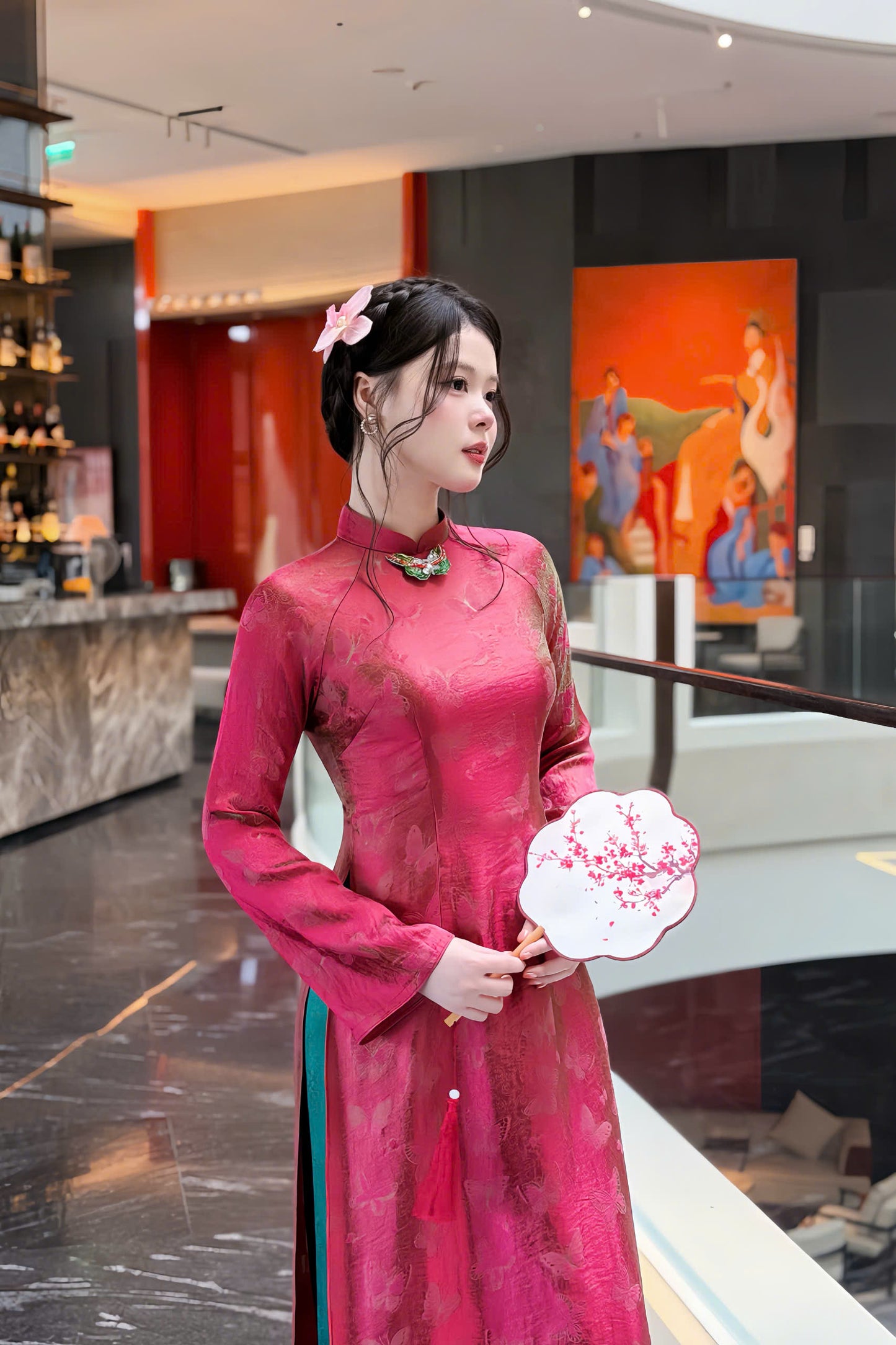 K270 Áo only no pants - Áo dài dáng truyền thống chiết eo lụa gấm hồ điệp màu hồng sen