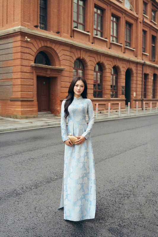 K285 Áo only no pants - Áo dài chiết eo lụa gấm màu xanh nhạt