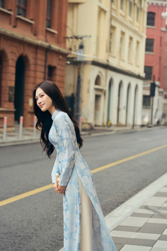 K285 6003 Áo only no pants - Áo dài chiết eo lụa gấm màu xanh nhạt