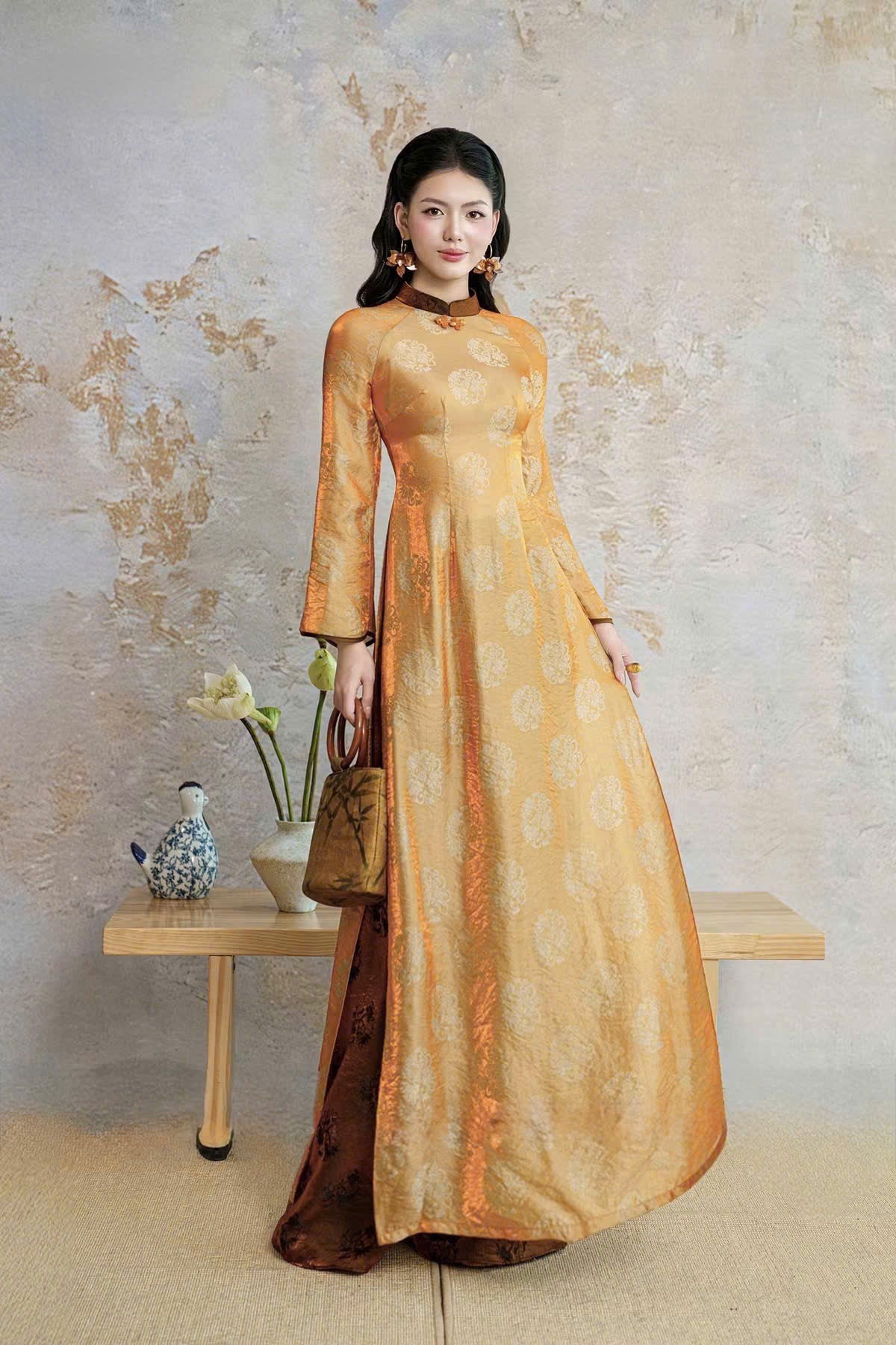 K275 Áo + quần cùng chất - Áo dài chiết eo lụa tằm ánh kim tencel