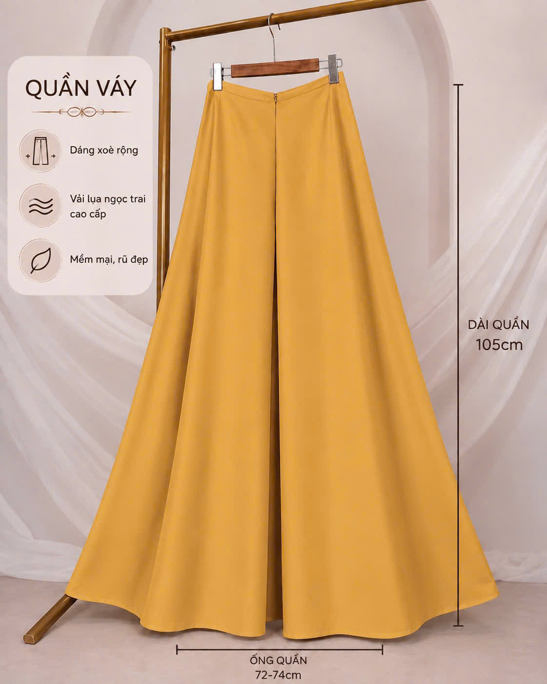 QV38 - Quần váy lụa ngọc trai màu vàng