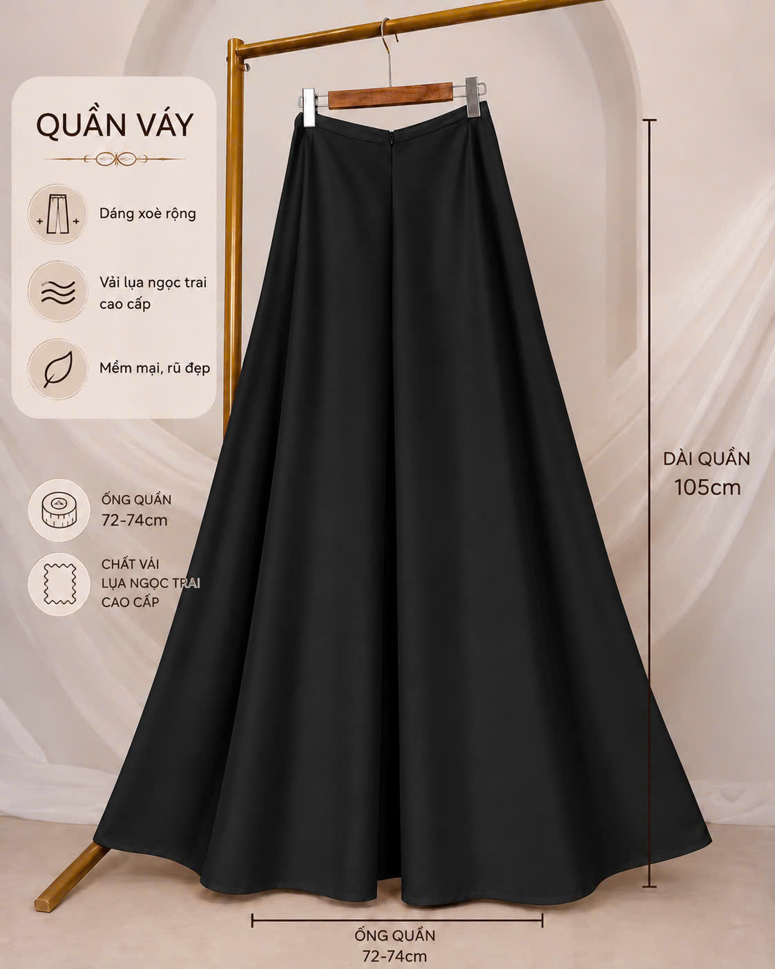 QV35 - Quần váy lụa ngọc trai màu đen
