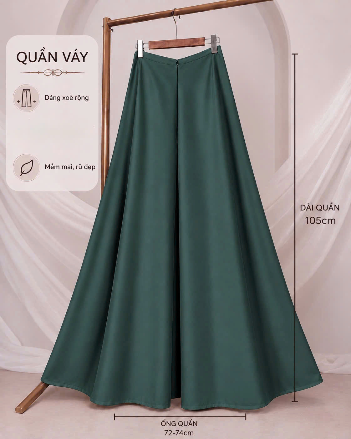 QV33 - Quần váy lụa ngọc trai màu xanh rêu đậm