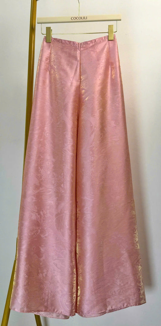 QK8 - Quần suông thường lụa ánh kim tencel màu hồng phấn