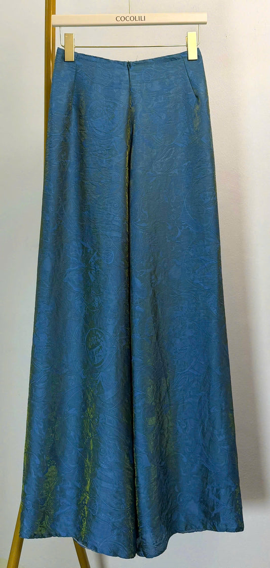 QK9 - Quần suông thường lụa ánh kim tencel màu xanh dương