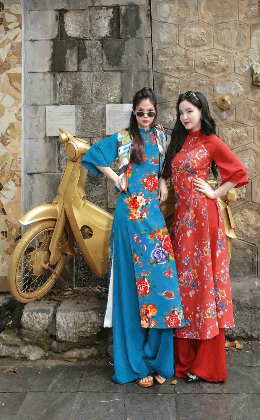 Áo + quần - Áo dài cách tân lụa mỹ in 3D màu xanh cổ vịt