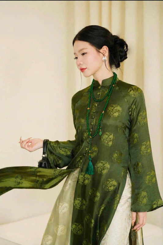 K341 6390 Áo + choàng + quần - Áo dài tứ thân lụa gấm tam liên