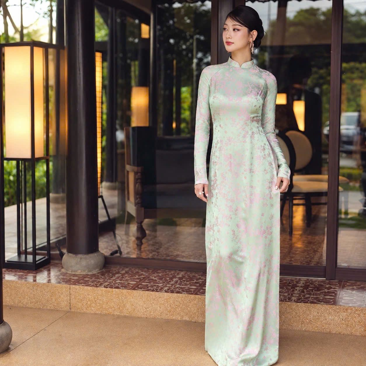 K321 6179 Áo only no pants - Áo dài chiết eo lụa tằm tuyết mai màu xanh mint