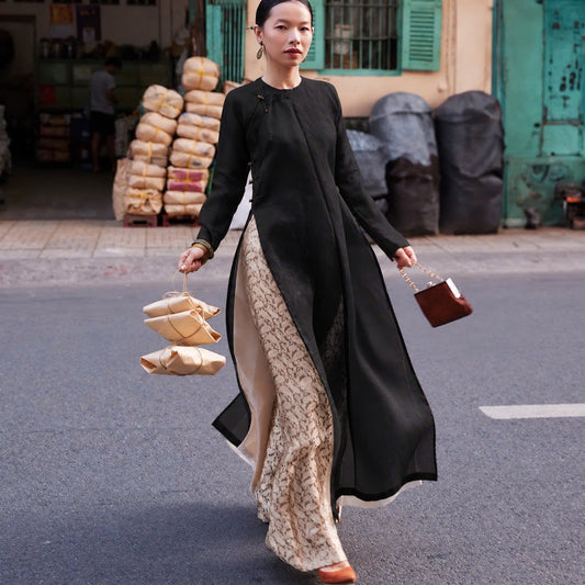 K325 6181 Áo only no pants - Áo dài dáng suông tơ óng 4 tà màu đen