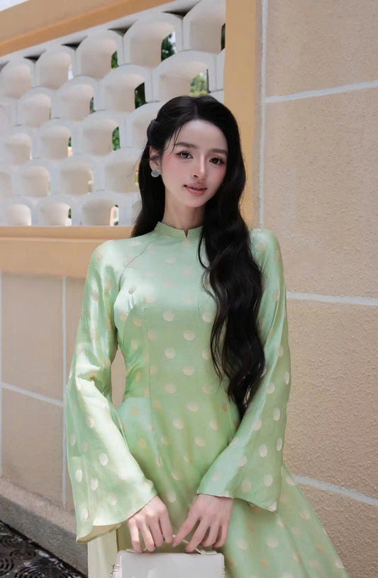 K320 6182 Áo only no pants - Áo dài nhấn eo lụa tằm chấm bi