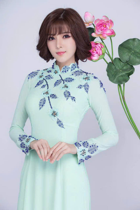 S410 6184 Áo only no pants - Áo dài thiết kế chiffon 4 tà đính kết màu xanh ngọc