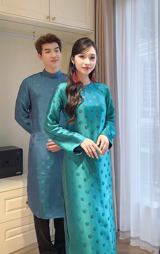 K326 6188 Áo only no pants - Áo dài dáng suông 2 tà lụa tằm chấm bi màu xanh cổ vịt