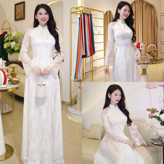 K310 6193 Áo only no pants - Áo dài nhấn eo 4 tà tơ silk màu trắng