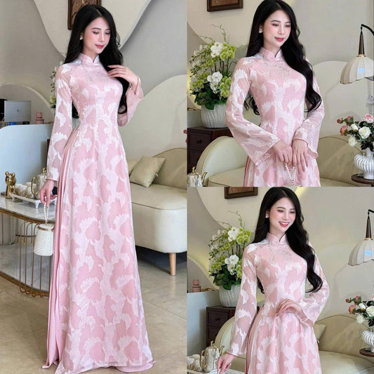 K314 6192 Áo only no pants - Áo dài nhấn eo 4 tà tơ silk màu hồng phấn