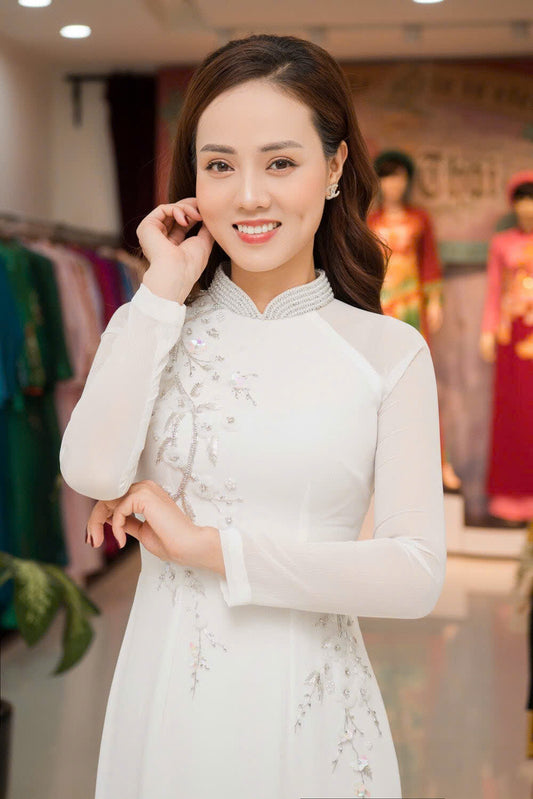 S401 Áo only no pants - Áo dài thiết kế chiffon 4 tà đính kết màu trắng