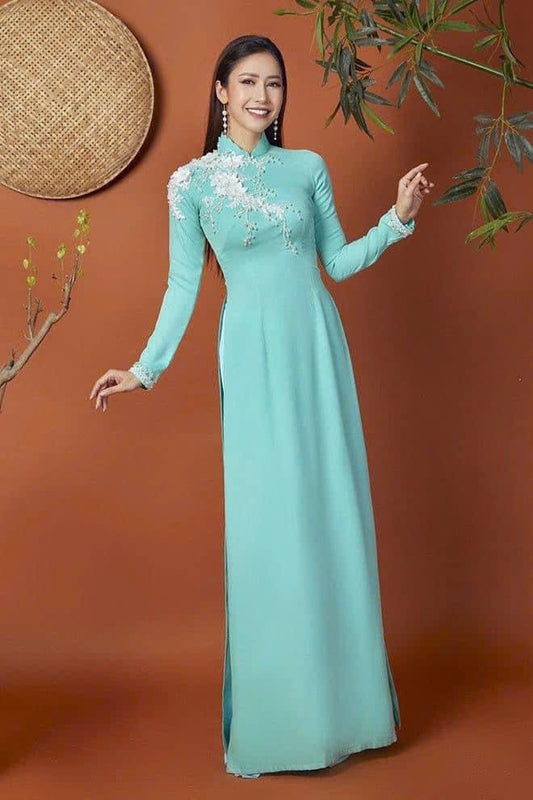 S400 Áo only no pants - Áo dài thiết kế chiffon 4 tà đính kết màu xanh ngọc