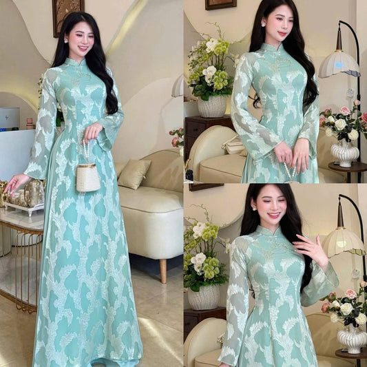 K312 Áo only no pants - Áo dài nhấn eo 4 tà tơ silk màu xanh ngọc