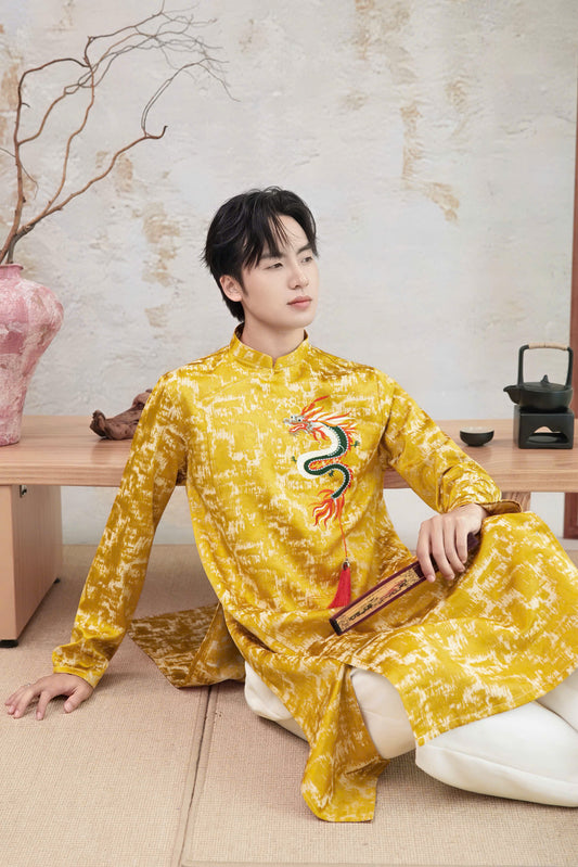B233 6223 - Áo dài nam thêu màu vàng