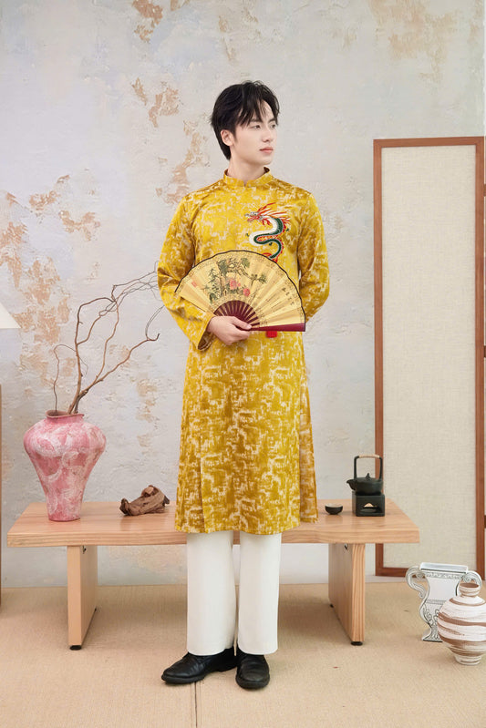 B233 6223 - Áo dài nam thêu màu vàng