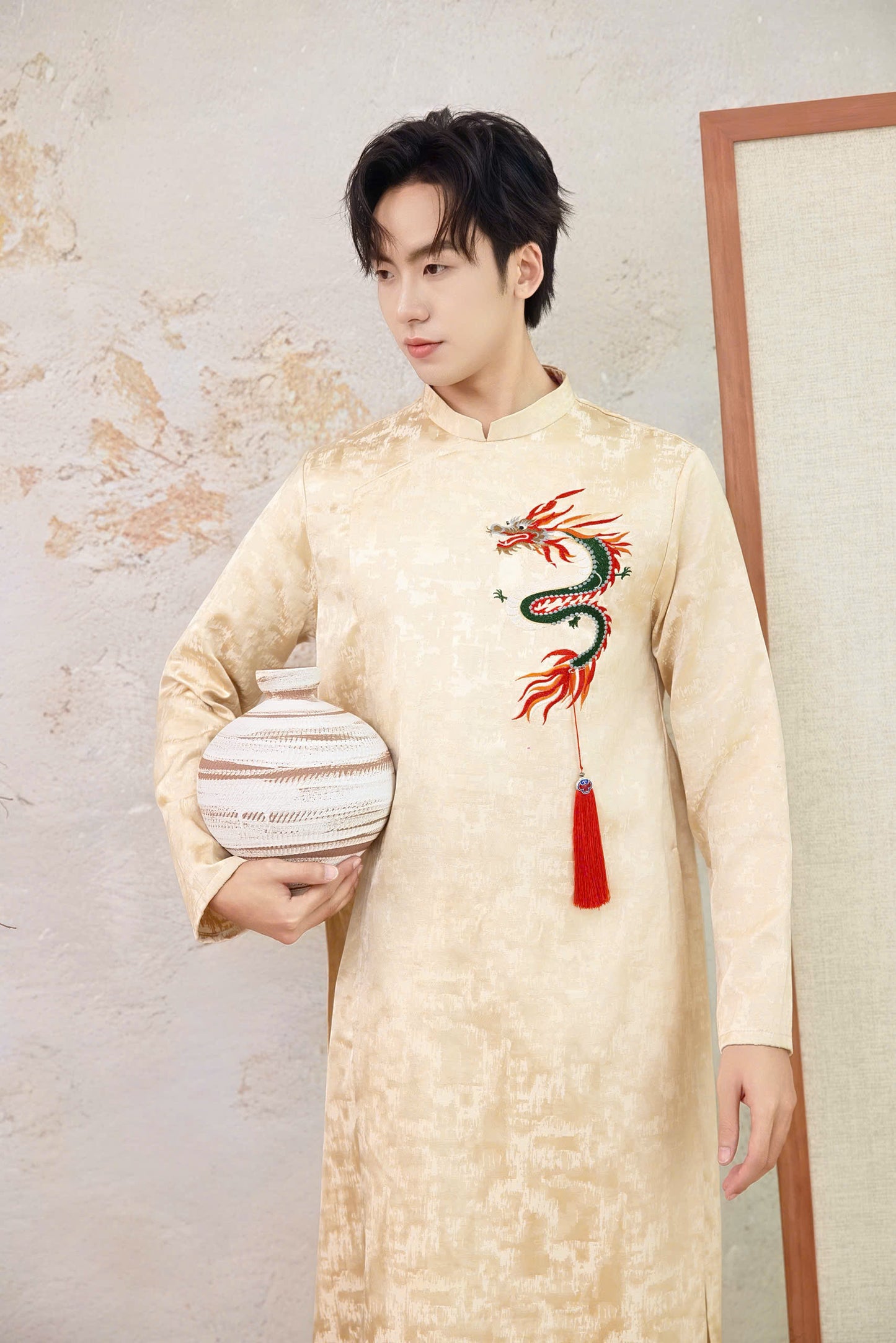 B231 6224 - Áo dài nam thêu màu kem