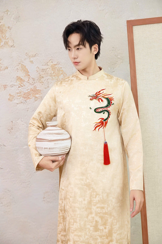 B231 6224 - Áo dài nam thêu màu kem