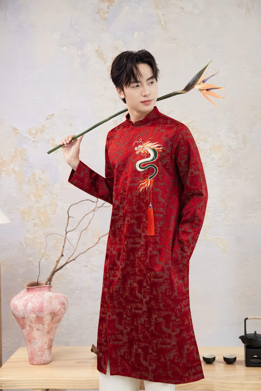 B232 6225 - Áo dài nam thêu màu đỏ