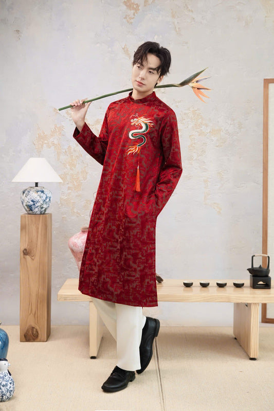 B232 6225 - Áo dài nam thêu màu đỏ