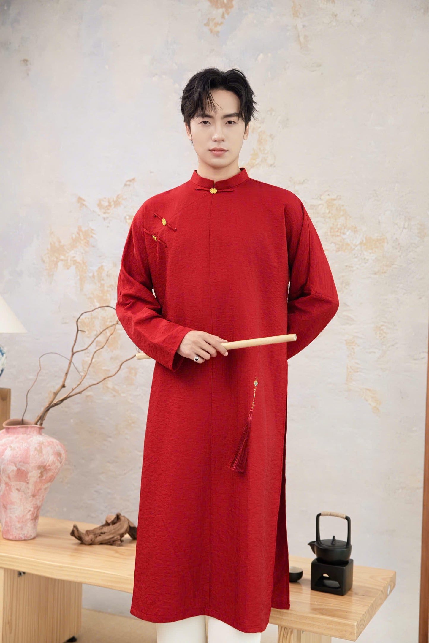 B234 6229 - Áo dài nam trơn màu đỏ
