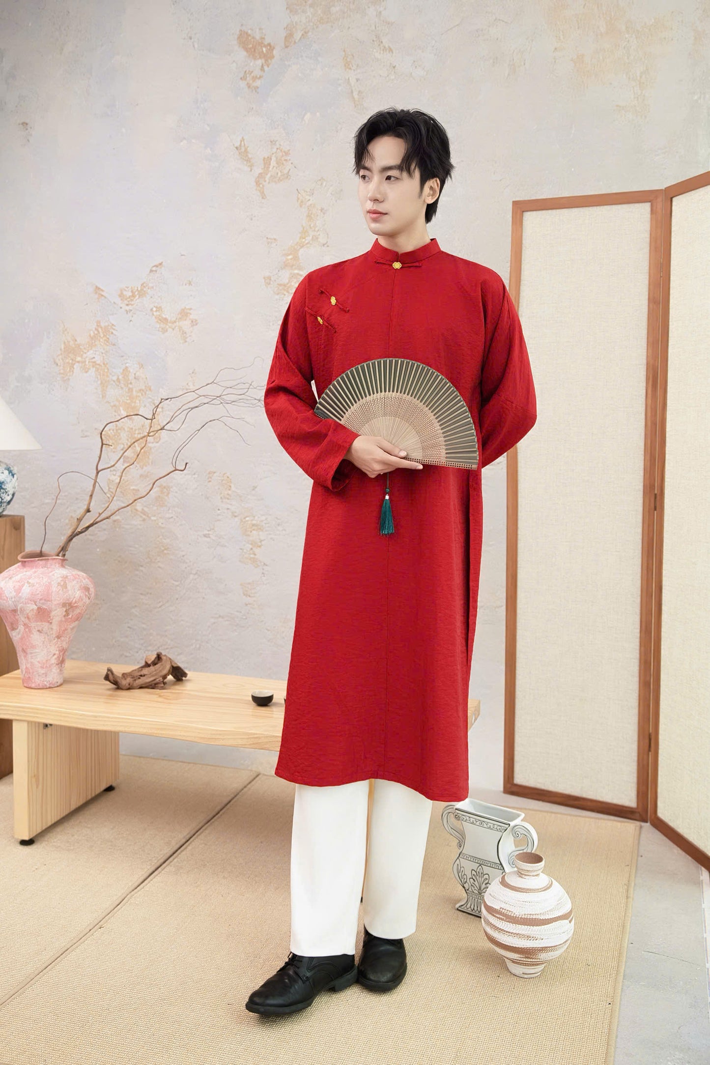 B234 6229 - Áo dài nam trơn màu đỏ