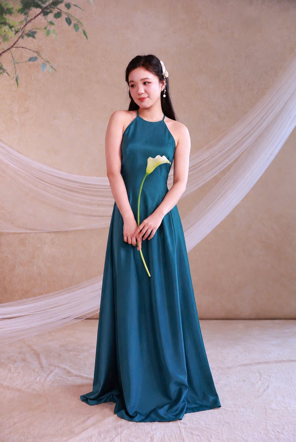 Y128 6258 Yếm only no pants - Áo dài cổ yếm lụa tô châu màu xanh cổ vịt