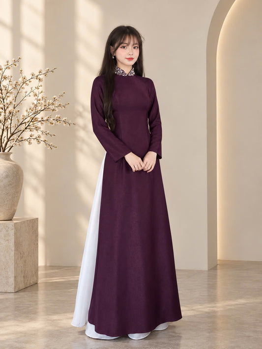 K338 6259 Áo only no pants - Áo dài nhấn eo lụa titan đính kết cổ màu tím