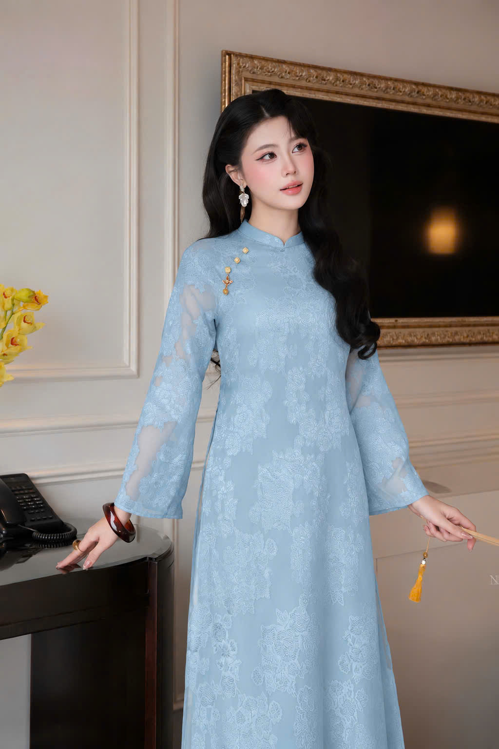 K332 6260 Áo only no pants - Áo dài dáng suông 4 tà tơ silk màu xanh blue