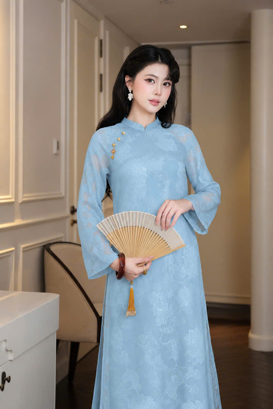 K332 6260 Áo only no pants - Áo dài dáng suông 4 tà tơ silk màu xanh blue