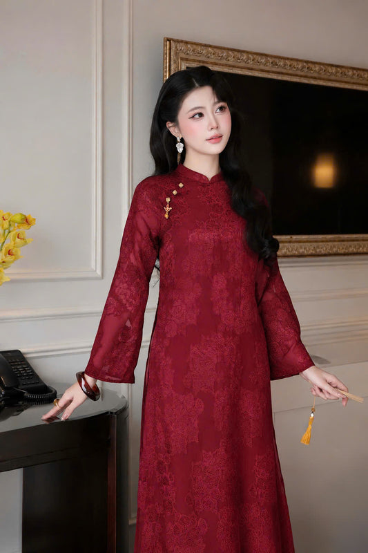 K333 Áo only no pants - Áo dài dáng suông tơ silk 4 tà màu đỏ đậm