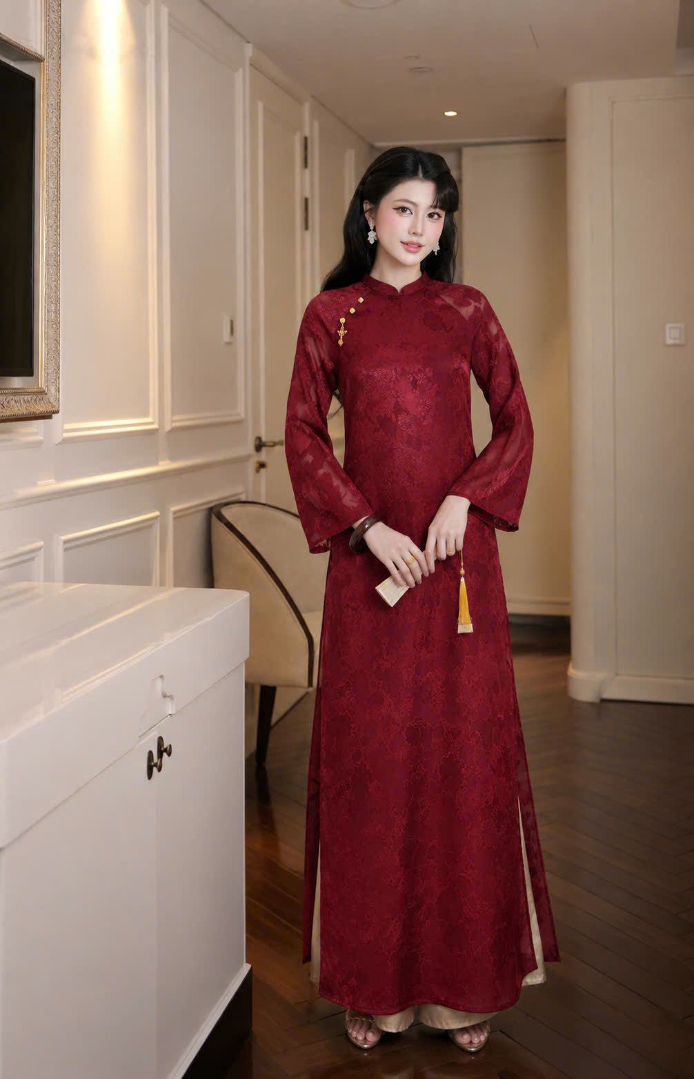 K333 Áo only no pants - Áo dài dáng suông tơ silk 4 tà màu đỏ đậm