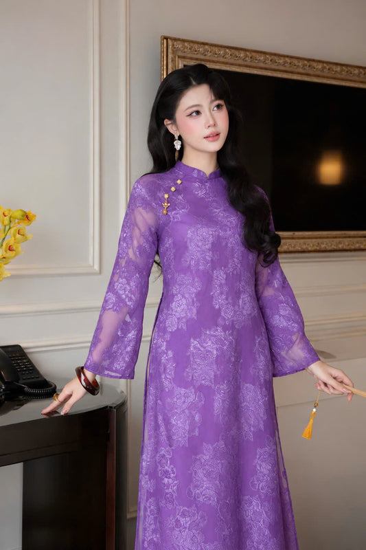 K334 Áo only no pants - Áo dài dáng suông tơ silk 4 tà màu tím cà