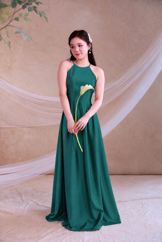Y129 Yếm only no pants - Áo dài cổ yếm lụa mỹ màu xanh lá