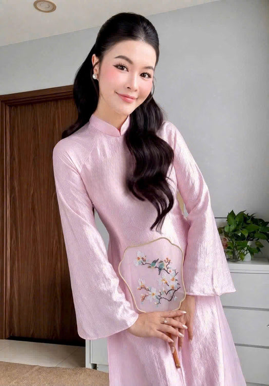 K335 Áo only no pants - Áo dài nhấn eo lụa tằm the màu hồng