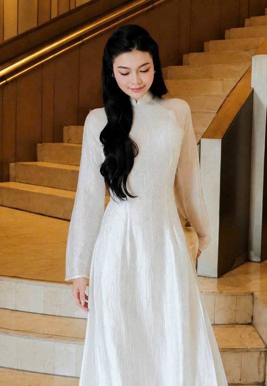 K336 Áo only no pants - Áo dài nhấn eo lụa tằm the màu trắng