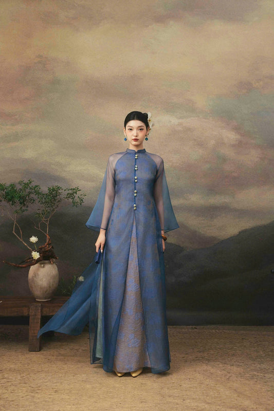 K337 Áo only no pants - Áo dài dáng suông 3 tà tơ xanh lót tằm ánh kim tencel