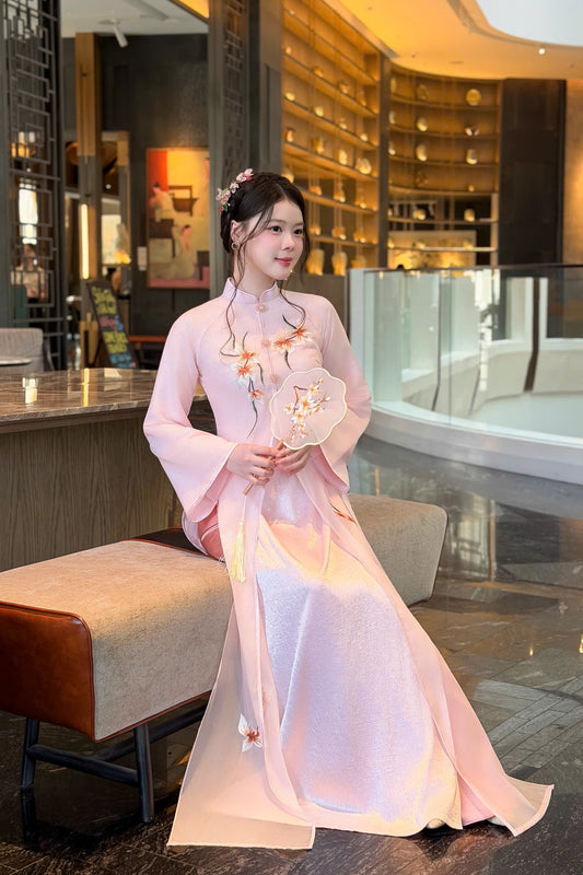 K331 6316 Áo + quần - Áo dài tứ thân 3 tà thêu màu hồng