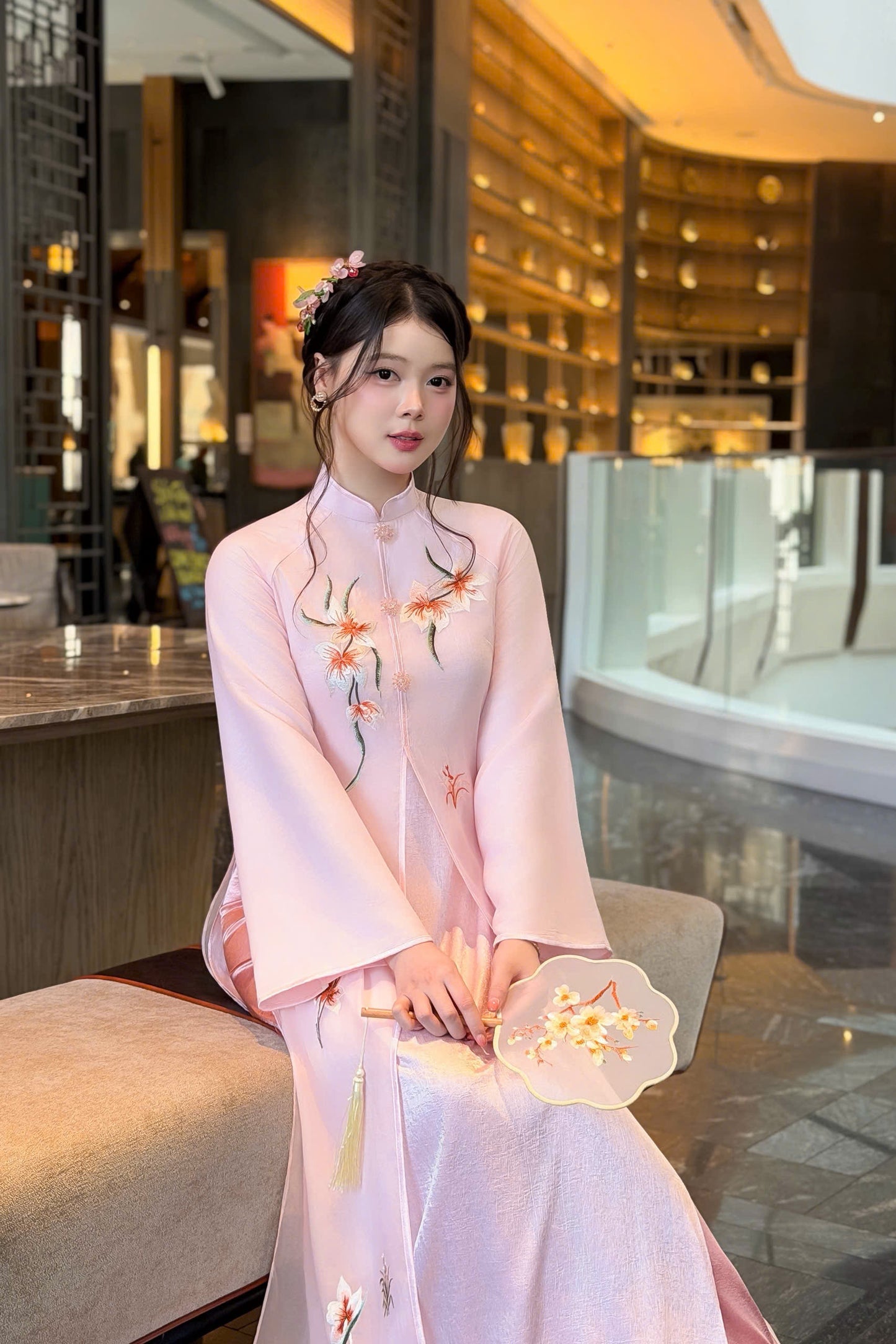 K331 6316 Áo + quần - Áo dài tứ thân 3 tà thêu màu hồng