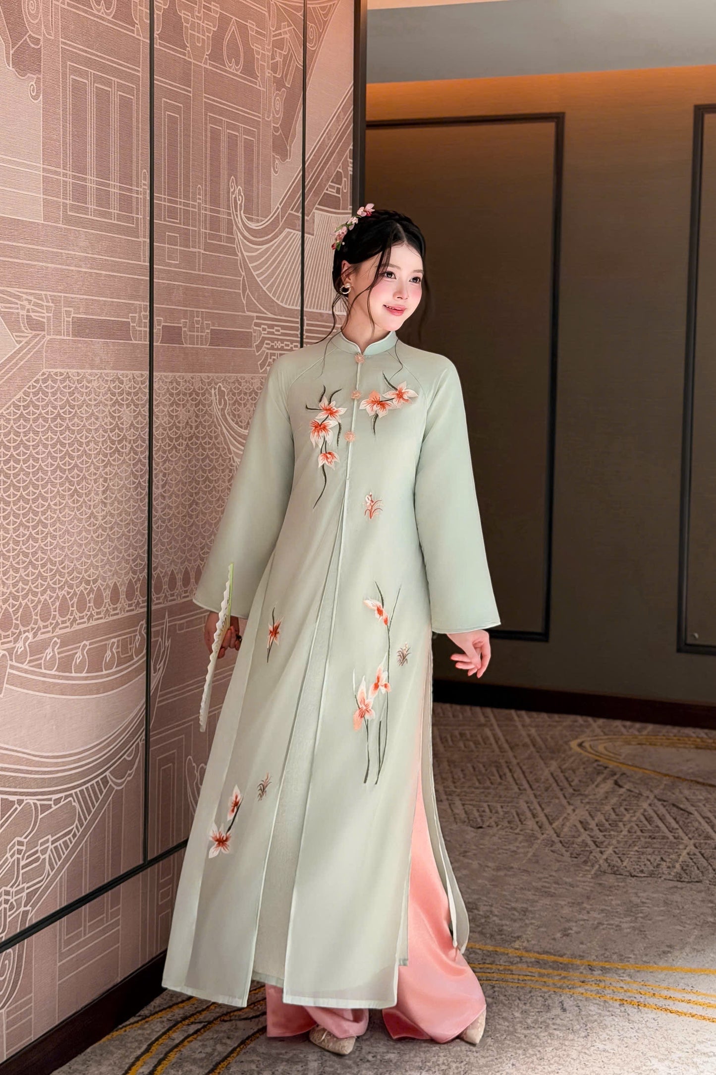 K330 6317 Áo + quần - Áo dài tứ thân 3 tà thêu màu xanh mint